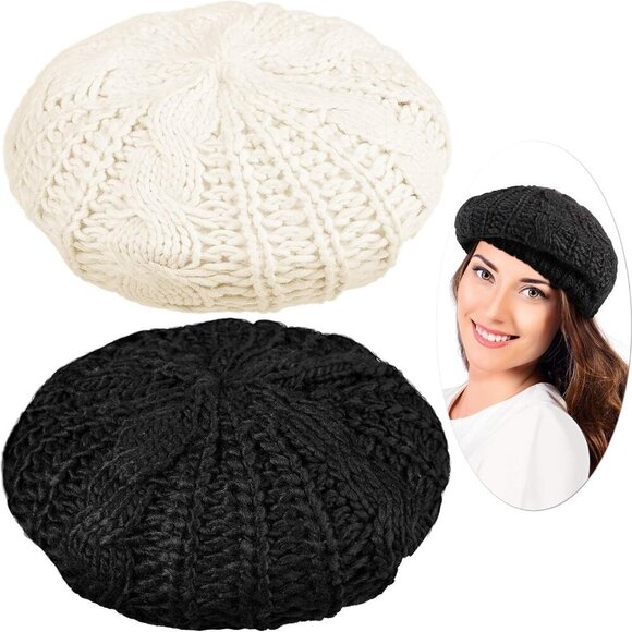 Accessories - 2 Pcs Women Crochet Beret Solid Color Knit Beanie Hats Lightweight Ladies Slouch